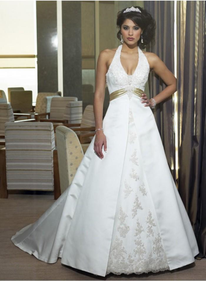 Hochzeit - A-line Halter Applique/Lace/Golden Sashes Cathedral Train Taffeta/Lace Wedding Dresses WE2686