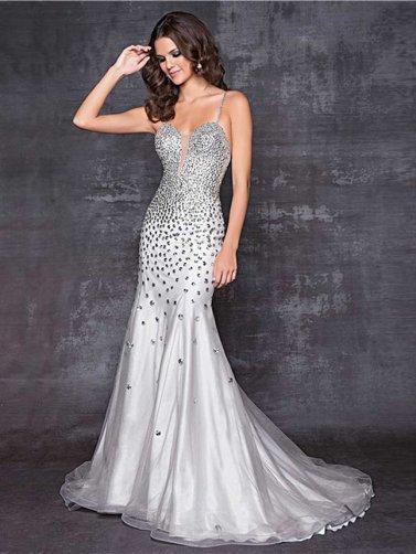 Hochzeit - Silver Grey Rhinestone beaded Sheer Inset Low Back Mermaid Dress