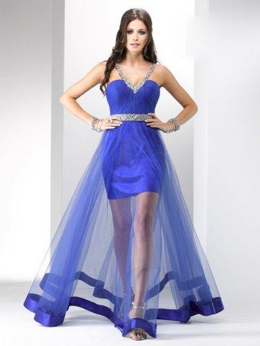 Mariage - Royal Ruched Jewels Beaded V Neck Illusion Low Back High low Dress