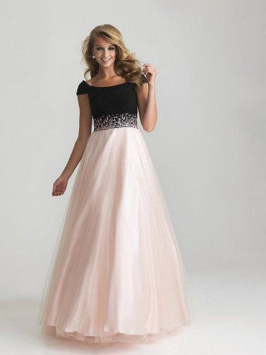 زفاف - Black Pink Square Neck Cap Sleeves Sequined Waist Ball Gown