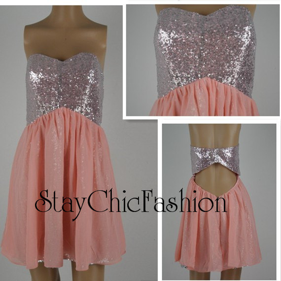 Wedding - Silver Coral Short Sequined Strapless Chiffon Overlay Party Dress