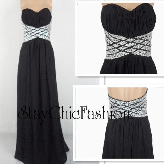Mariage - Jewels Encrusted Waist Black Long Ruched Chiffon Dress for Prom