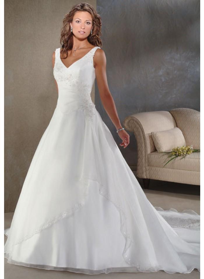 Hochzeit - V-neck Spaghetti strap Embroidery Empire Sweep-train Floor-length Wedding Dresses WE1625