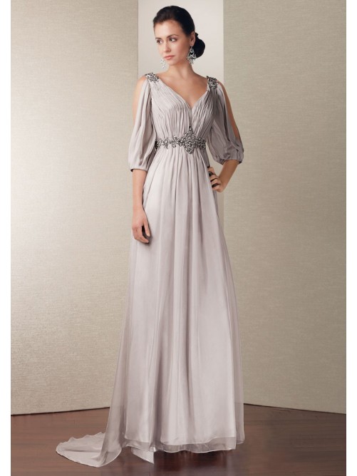 Wedding - A-line V-neck 1/2 Sleeves Sweep Train Chiffon Evening Dresses