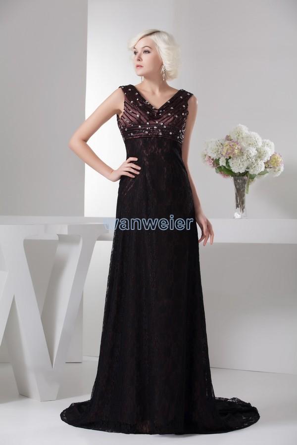 Mariage - Find Your Black Train Plus Size V-neck Lace & Chiffon Prom Dress With Beading Embroidery(Zj6750) Here ,Wanweier Prom Dresses - A perfect moment for you.