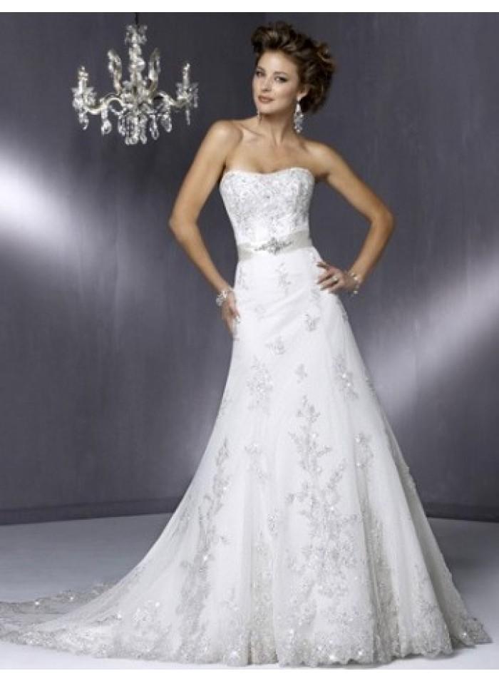 Свадьба - Empire A-line Strapless BrushTrain Lace Wedding Dress WE4089