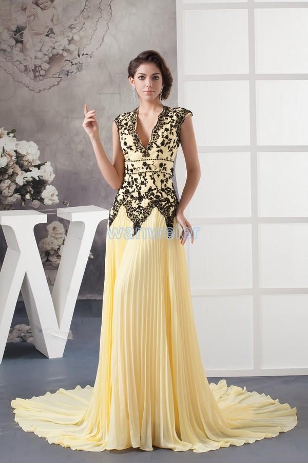 Свадьба - Find Your Train Yellow V-neck Sheath Chiffon Evening Dress With Apliques(Zj6546) Here ,Wanweier Evening Dresses - A perfect moment for you.