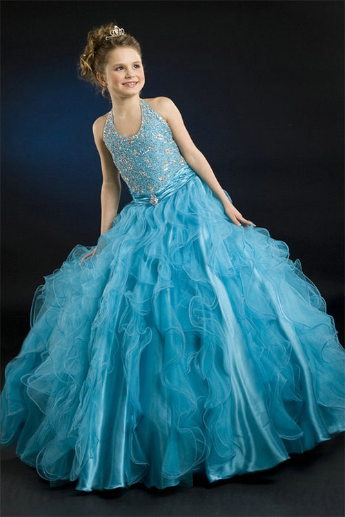 زفاف - A line Halter Beading Ruched Waistband Blue Organza Girl Pageant Dress, Flower Girl Dresses - 58weddingdress.com