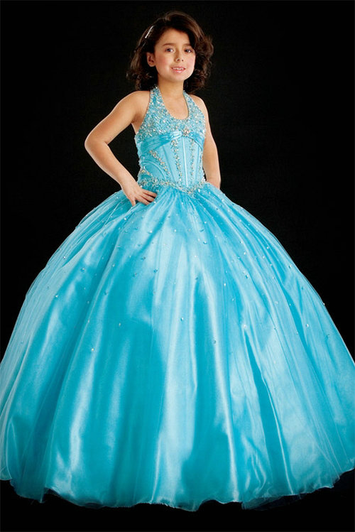 زفاف - Ball Gown Halter Beading Tulle Baby Blue Satin Girl Pageant Dress, Flower Girl Dresses - 58weddingdress.com