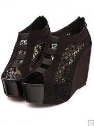 Hochzeit - New Style Lace-ups Platform Heel Fish Mouth Shoes Black Black W0048