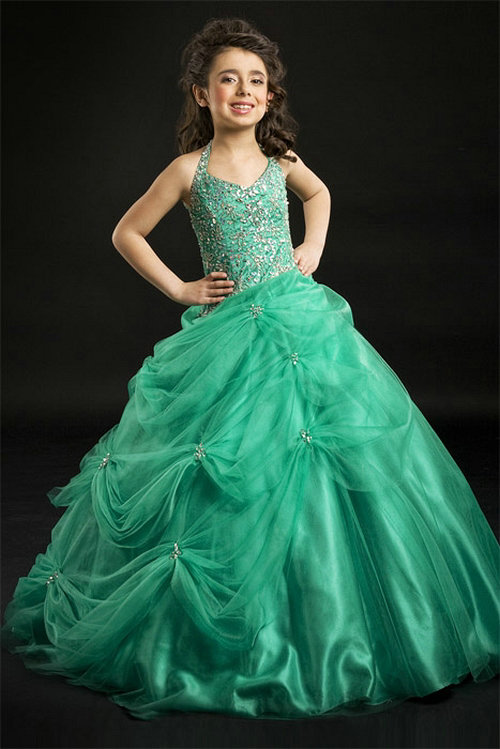 Mariage - A line Halter Beading Bodice Green Soft Tulle Skirt Girl Pageant Dress