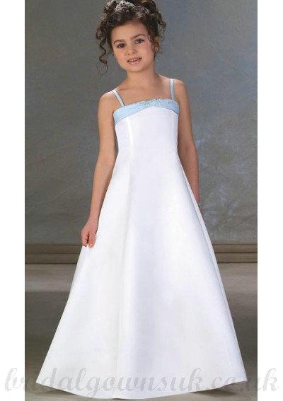 Hochzeit - A Line Spaghetti Straps Floor Length Satin White Flower Girls Dress