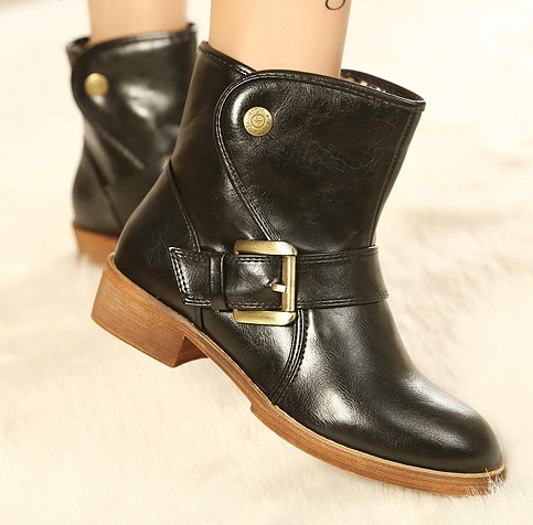 زفاف - Korean Style Preppy Thick Heel Shoes Flat Boot Black BT0595