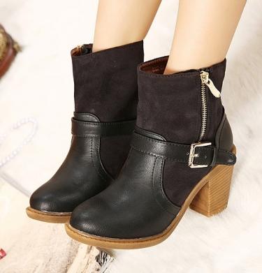 زفاف - Korean Style Low Heel Shoes Flat Boot Black BT0591