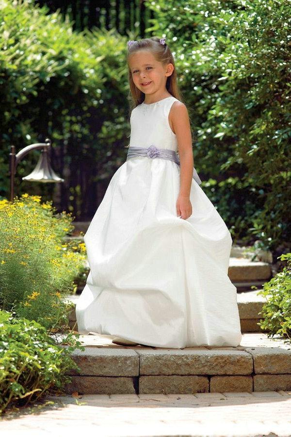 Hochzeit - Bateau Satin Ball Gown White Sash Floor Length Customzied Designer Girls In Dress
