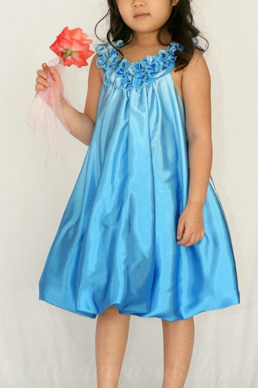 Wedding - Common Satin A Line Floral Trimed Ruched Princess Girls Party Dress