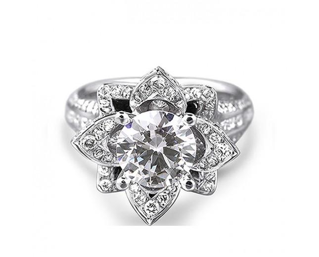 زفاف - 14K White Gold Flower in Pave Diamond Engagement Ring
