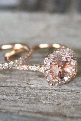 Wedding - SET - Morganite Engagement Rings In 14K Rose Gold Halo Diamond Setting