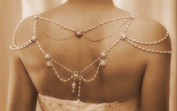 Hochzeit - Halskette für die Schultern, 1920, The Great Gatsby, Perlen, Strass, Silber, OOAK Braut Hochzeit Schmuck, Victorian, Made By Efr
