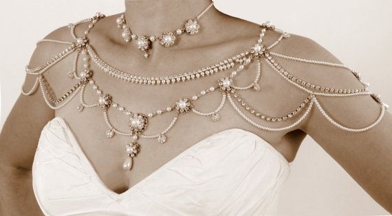 Hochzeit - Halskette für die Schultern, Hochzeits viktorianischen Stil, Perlen und Strass, Kristalle, OOAK Brautschmuck, Hochzeit Schmuck, 