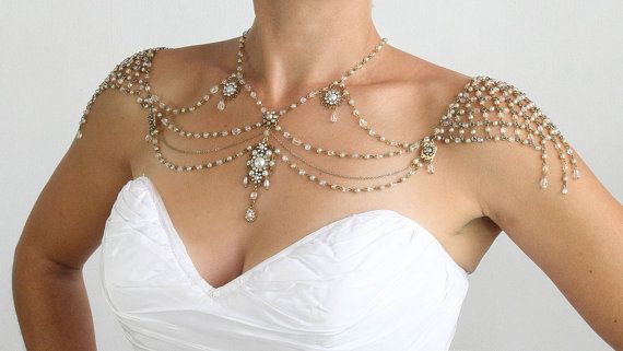 Свадьба - Ожерелье за плечи,стиль 1920-х годов,великий Гэтсби", Нанизанный жемчуг,горный хрусталь,джаз возраста,золото,использованы свадеб