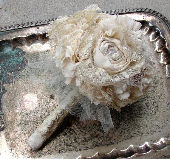 Wedding - Lace Bouquet - Cotton Fabric Bouquet, Heirloom Wedding Bouquet, Fabric Flower Bouquet, Alternative Bouquet