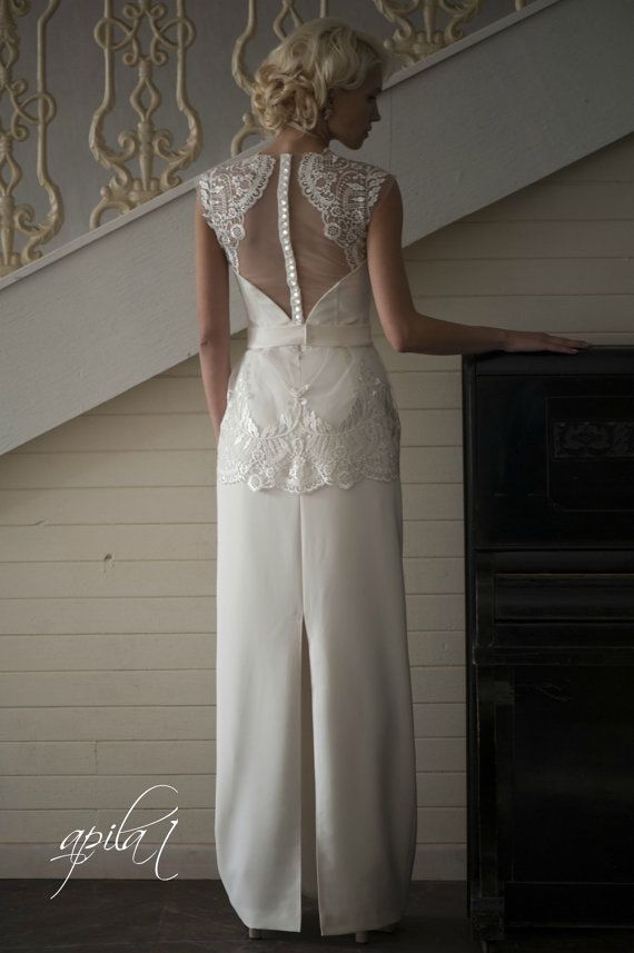 Hochzeit - Lange Hochzeitskleid, Elfenbein Hochzeitskleid, Krepp und Spitzenkleid L3 (mit langen und kurzen Röcke)