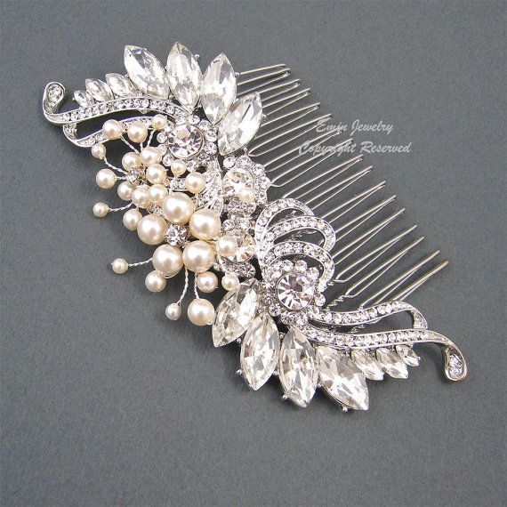 Mariage - Mariage vintage Peigne, accessoires nuptiales de cheveux, Art Déco ivoire Swarovski Perles en cristal d'argent de Rhinestone nup