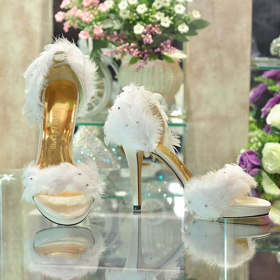 Wedding - Handmade White Feather Sandals Summer Wedding Shoes Romantic High Heels
