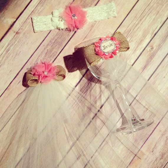 Wedding - Country Chic Bridal Shower / Bachelorette Party Veil, Garter And Wine Glass Charm/ Coral Veil And Garter Set