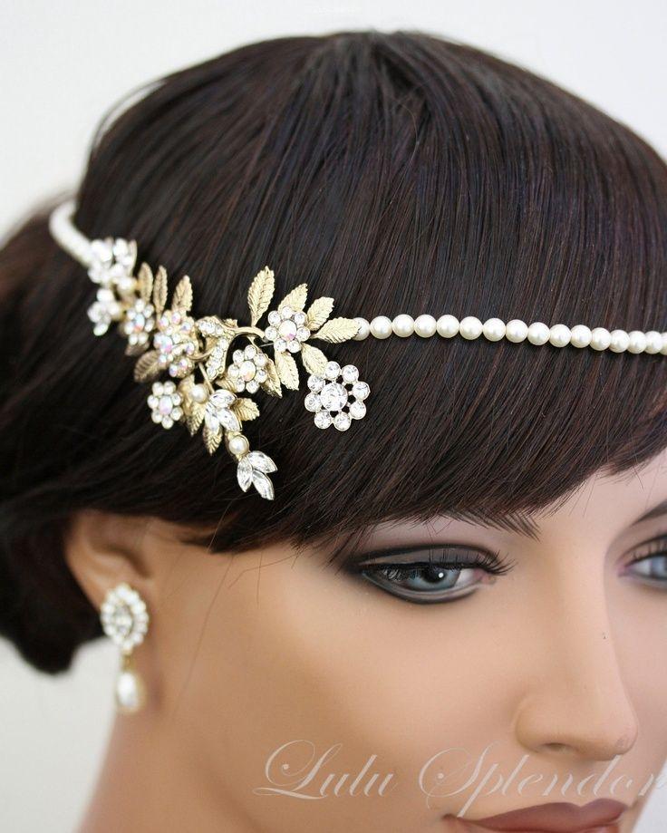 Wedding - Art Deco Bridal Headpiece, Gold Bridal Halo, Leaves, Pearl Headband, Forehead Band IVY Head Piece