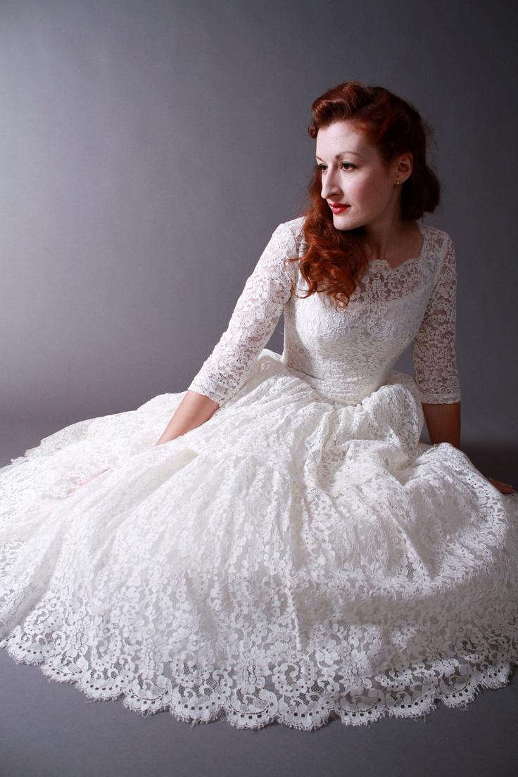 Wedding - Vintage 1950s Tea Length New Look Wedding Dress Of Chantilly Lace