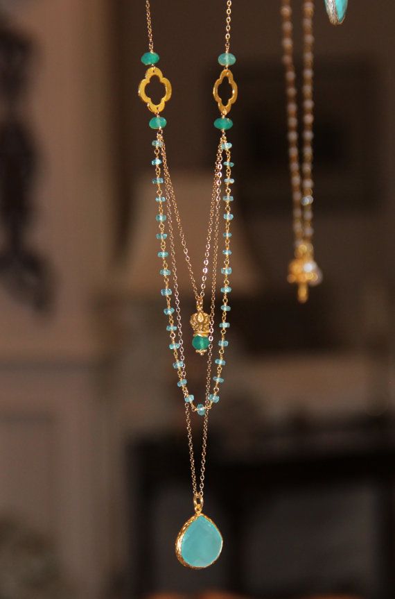 Wedding - Long Multi Layer Necklace, Wire Wrapped Apatite W Pantone Emerald Green Onyx, Yoga Lotus Flower, Quatrefoils, Aqua Emerald Delicate Layering