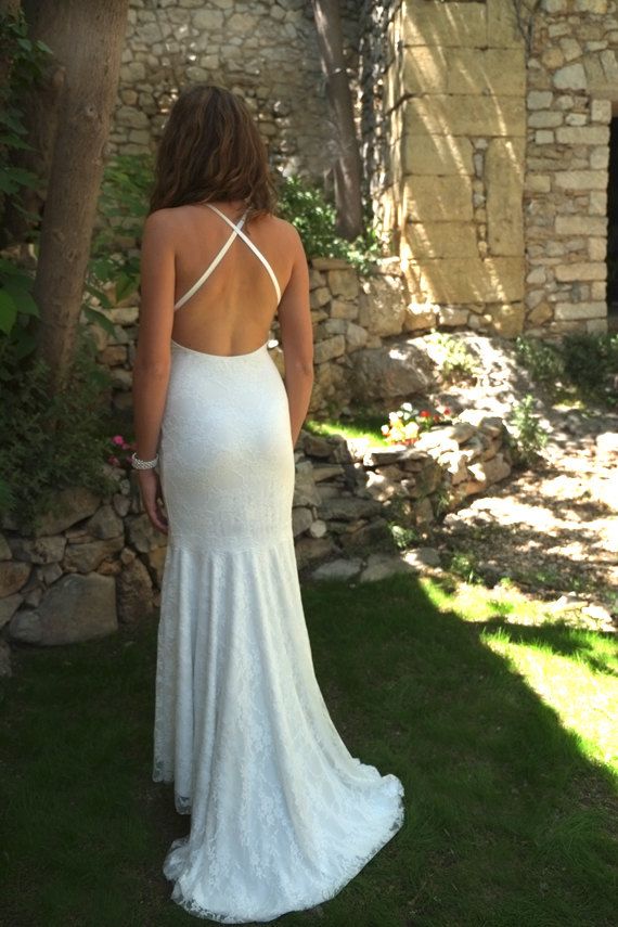 Wedding - Sexy Backless Very Low Open Back Lace Wedding Dress Bridal Halter Beach Wedding Gown Romantic Country Wedding Dress: IVANA Mermaid Dress S/M