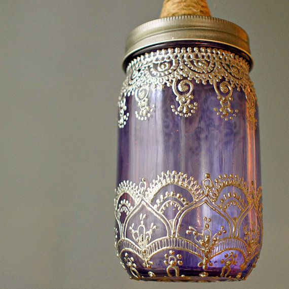 Wedding - Mason Jar Lantern Pendant Light, Lavender Glass With Silver Accents And Jute Wrapped Cord