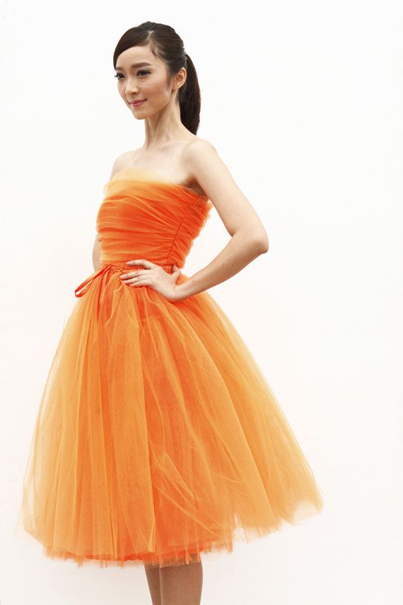 Wedding - Tulle Skirt Tea Length Tutu Skirt Elastic Waist Tulle Tutu Princess Skirt Wedding Skirt In Orange - NC508
