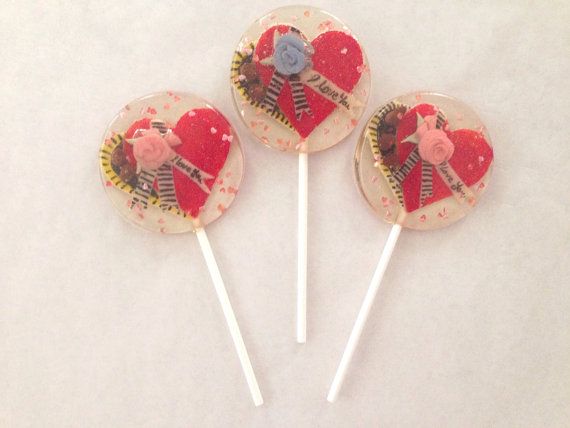 Wedding - 3 Natural Cherry Valentines Day Marzipan Candy Box Lollipops With Chocolate Pearls And Edible Glitter Hearts