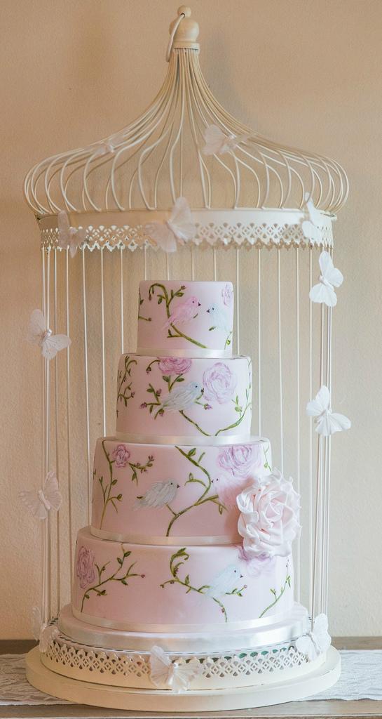 Hochzeit - Pale Pink Handbemalte Lovebirds Kuchen 2
