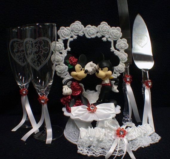 Wedding - Mickey & Minnie Mouse Wedding Cake Topper LOT Glasses Knife Set, Garter DISNEY Red