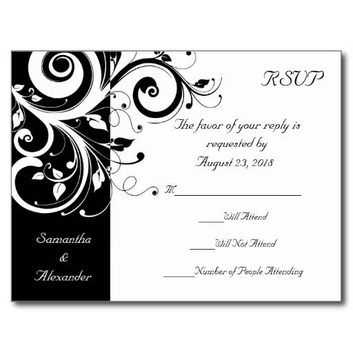 Wedding - Black  White Reverse Swirl Wedding RSVP Postcard