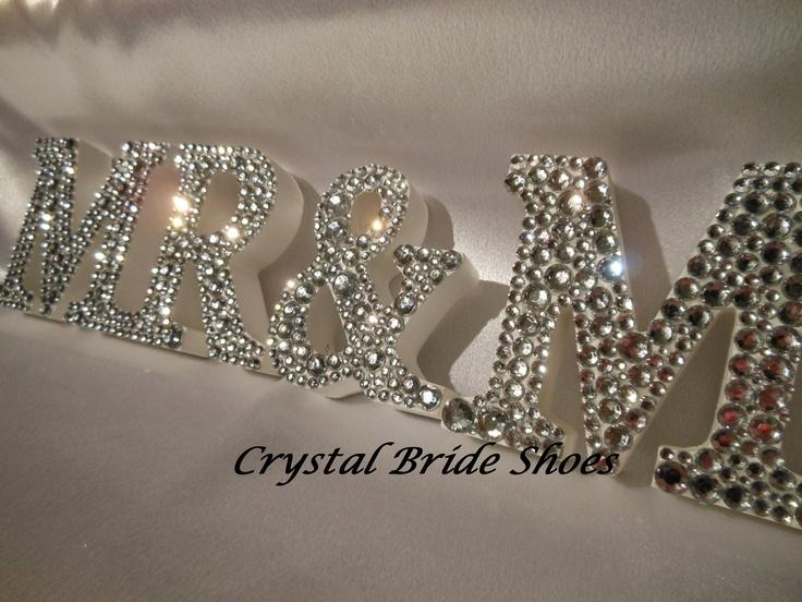Wedding - White Wooden Mr & Mrs Sign Customised With Clear Crystal Diamontes