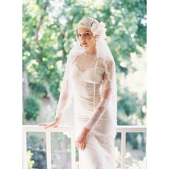 Wedding - Bridal Cap, Bridal Veil, Silk Tulle Veil, 1920s Headpiece, Bridal Hairpiece, Wedding Veil, French Lace, Style Manon 1918