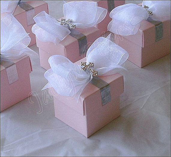 Wedding - 24 Girl's Pink Baptism, Communion Silver Cross And Bow Favor Box, Candy Holder
