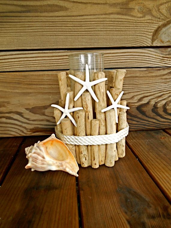 Wedding - Nautical Driftwood Candle Holder W/Rope And Starfish