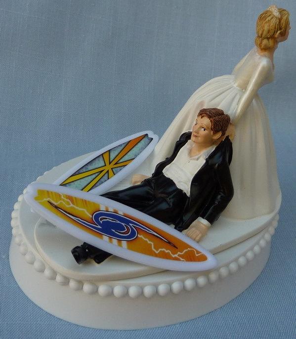 Wedding - Wedding Cake Topper Surfing Surfboard Surfer Groom Themed W/ Garter, Display Box