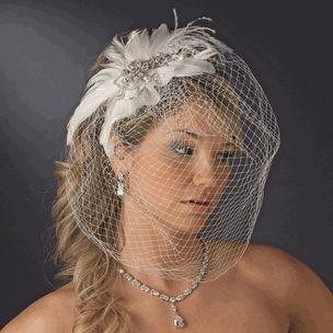 زفاف - خمر كوتور الريشة غطاء الرأس العرسان مع قفص الطيور الحجاب كليب (أبيض أو عاجي)