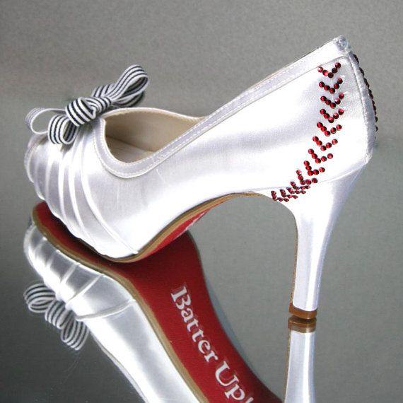 Wedding - Wedding Shoes -- Baseball Themed Wedding Shoes With Pinstripe Bow On The Toe