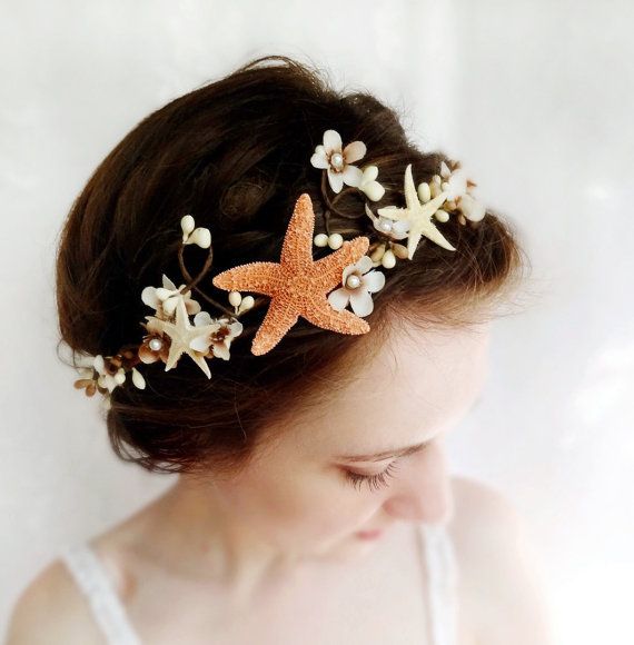 Wedding - Seashell Headpiece, Bridal Headband, Beach Wedding, Starfish Head Piece, Hair Accessory - SEA MAIDEN - Cream Flower, Tan, Hair Accessories