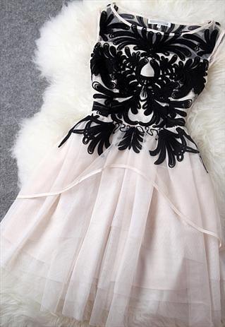 Wedding - Contrast Floral Embossment White Tulle Dress