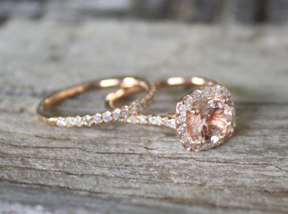 Hochzeit - SET - Morganit Verlobungsringe In 14K Rose Gold Halo Diamant-Einstellung